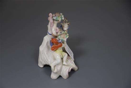 A Vauxhall porcelain group of two Bacchanalian cherubs and a goat, c.1760-5, H. 14.5cm